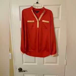 Tracy M Vibrant Red V-Neck Long Sleeve Blouse‎ with Cream Trim & Front Pockets L